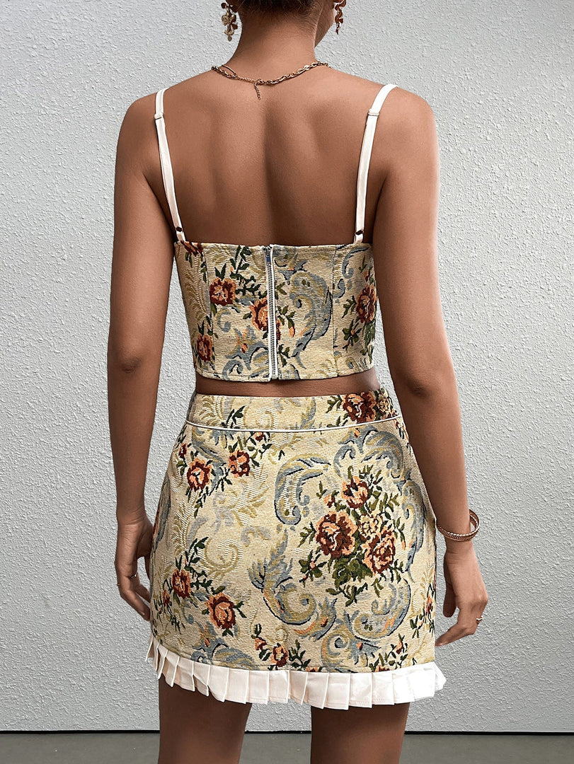 Tie Front Zipper Back Jacquard Cami Top&Spliced Hem Skirt | Vacation Two-Piece Set