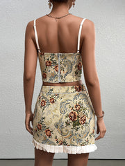 Tie Front Zipper Back Jacquard Cami Top&Spliced Hem Skirt | Vacation Two-Piece Set