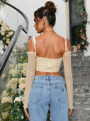 Tie Shoulder Corset Mesh Crop Top | Cocktail Party Top