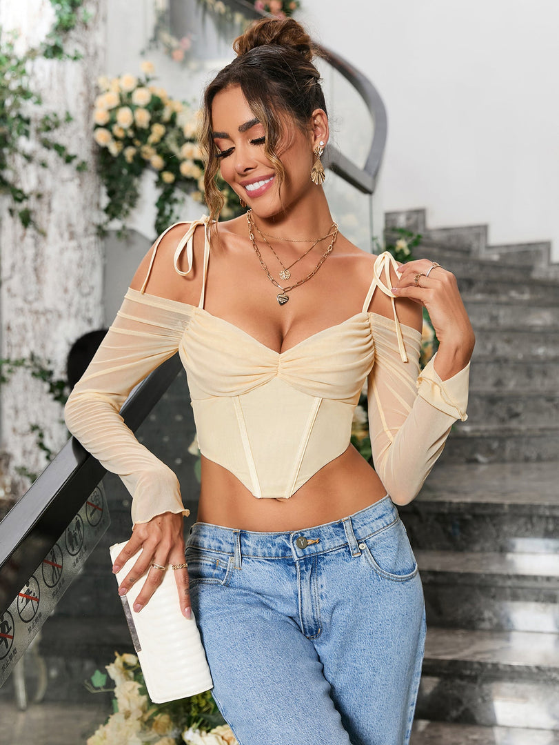 Tie Shoulder Corset Mesh Crop Top | Cocktail Party Top