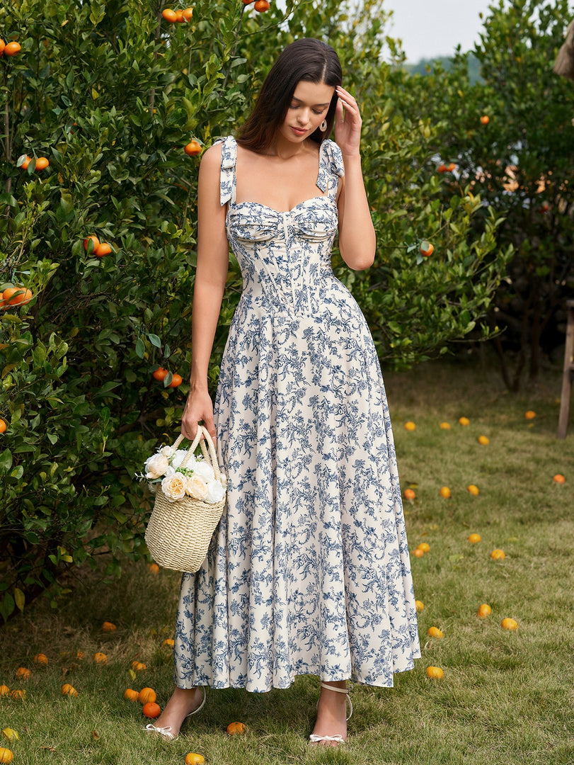 Tie Shoulder Crisscross Back Ruched Bust Floral Print Dress | Wedding Guest Dress, Vacation Dress