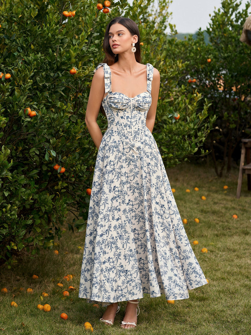Tie Shoulder Crisscross Back Ruched Bust Floral Print Dress | Wedding Guest Dress, Vacation Dress