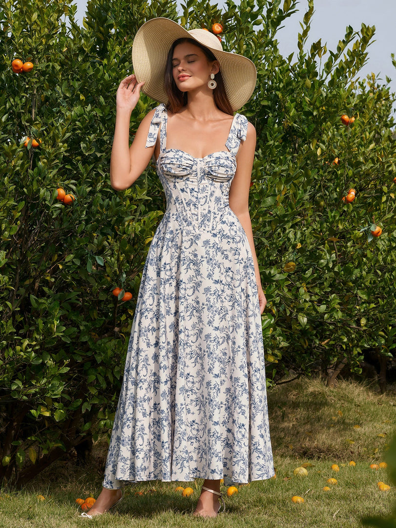 Tie Shoulder Crisscross Back Ruched Bust Floral Print Dress | Wedding Guest Dress, Vacation Dress