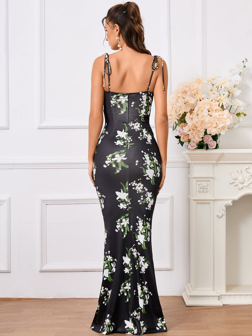Tie Shoulder Fishtail Hem Floral Print Prom Dress | Vacation Dress