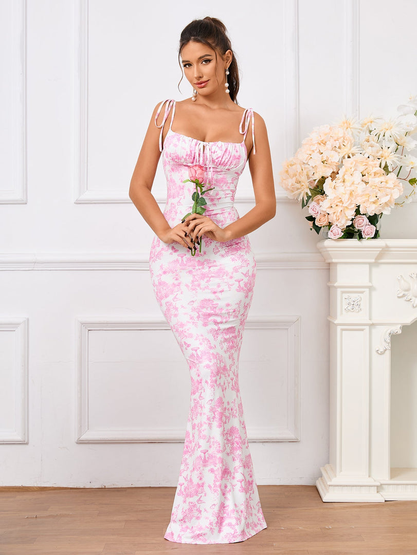 Tie Shoulder Fishtail Hem Floral Print Prom Dress | Vacation Dress
