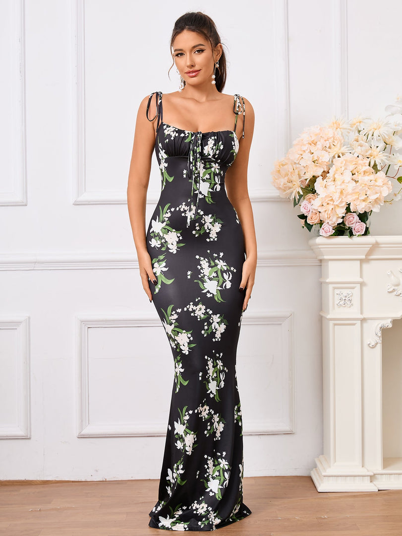 Tie Shoulder Fishtail Hem Floral Print Prom Dress | Vacation Dress