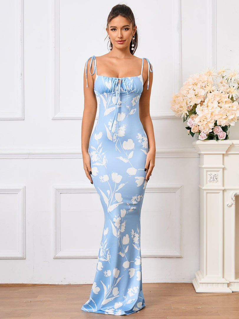 Tie Shoulder Fishtail Hem Floral Print Prom Dress | Vacation Dress