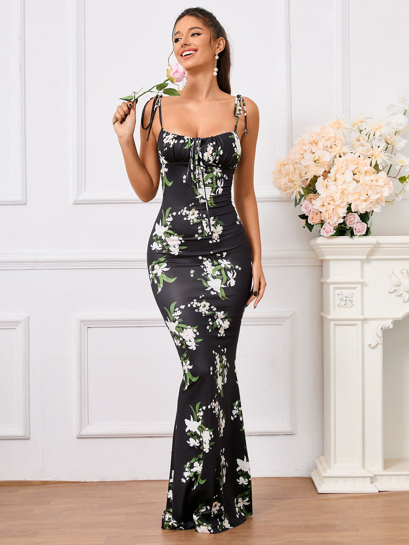 Tie Shoulder Fishtail Hem Floral Print Prom Dress | Vacation Dress