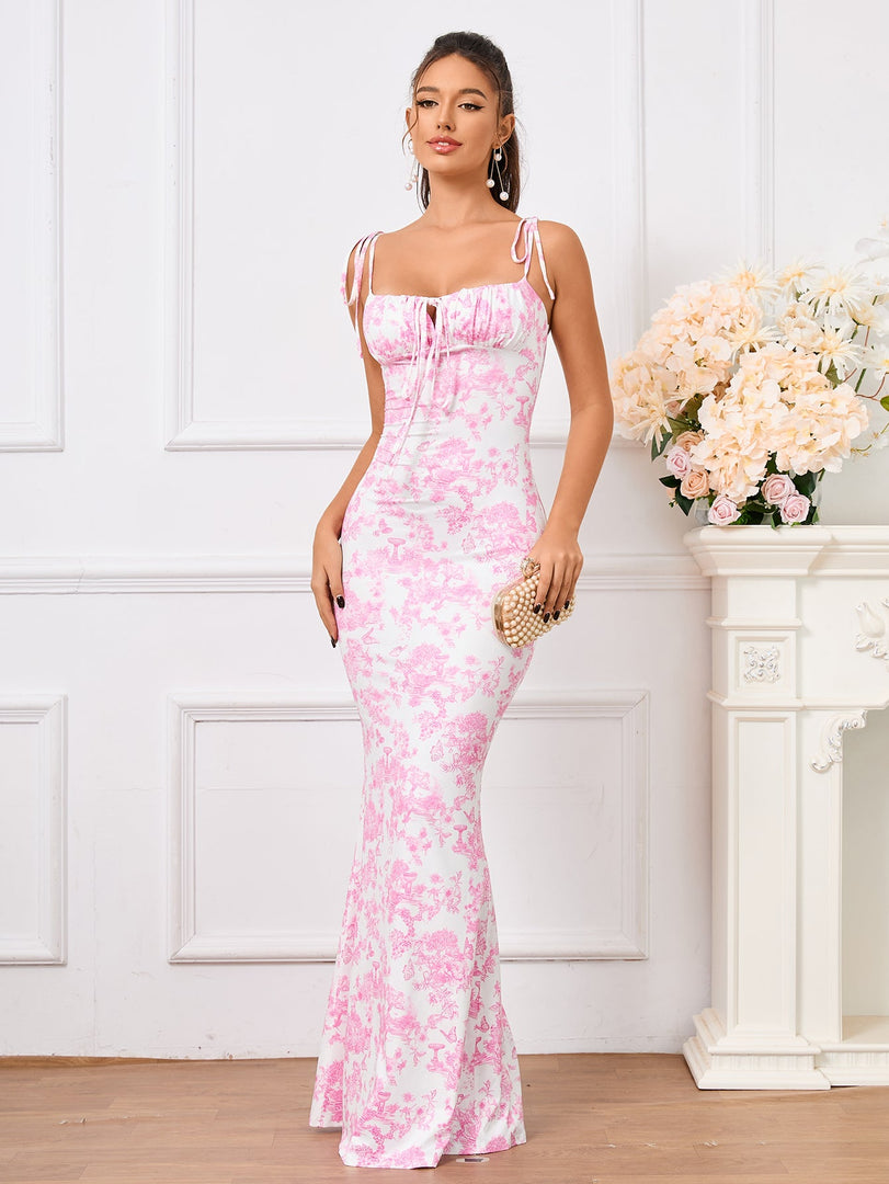 Tie Shoulder Fishtail Hem Floral Print Prom Dress | Vacation Dress