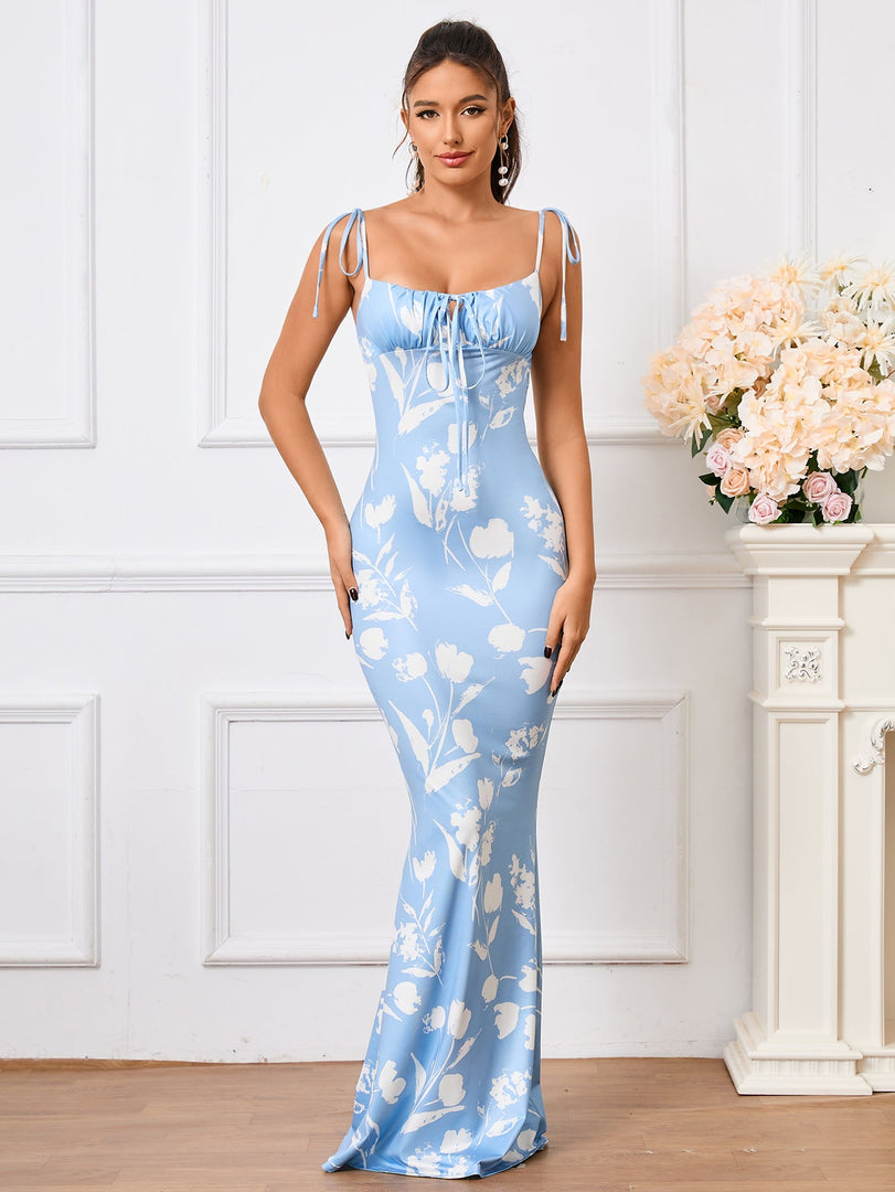 Tie Shoulder Fishtail Hem Floral Print Prom Dress | Vacation Dress