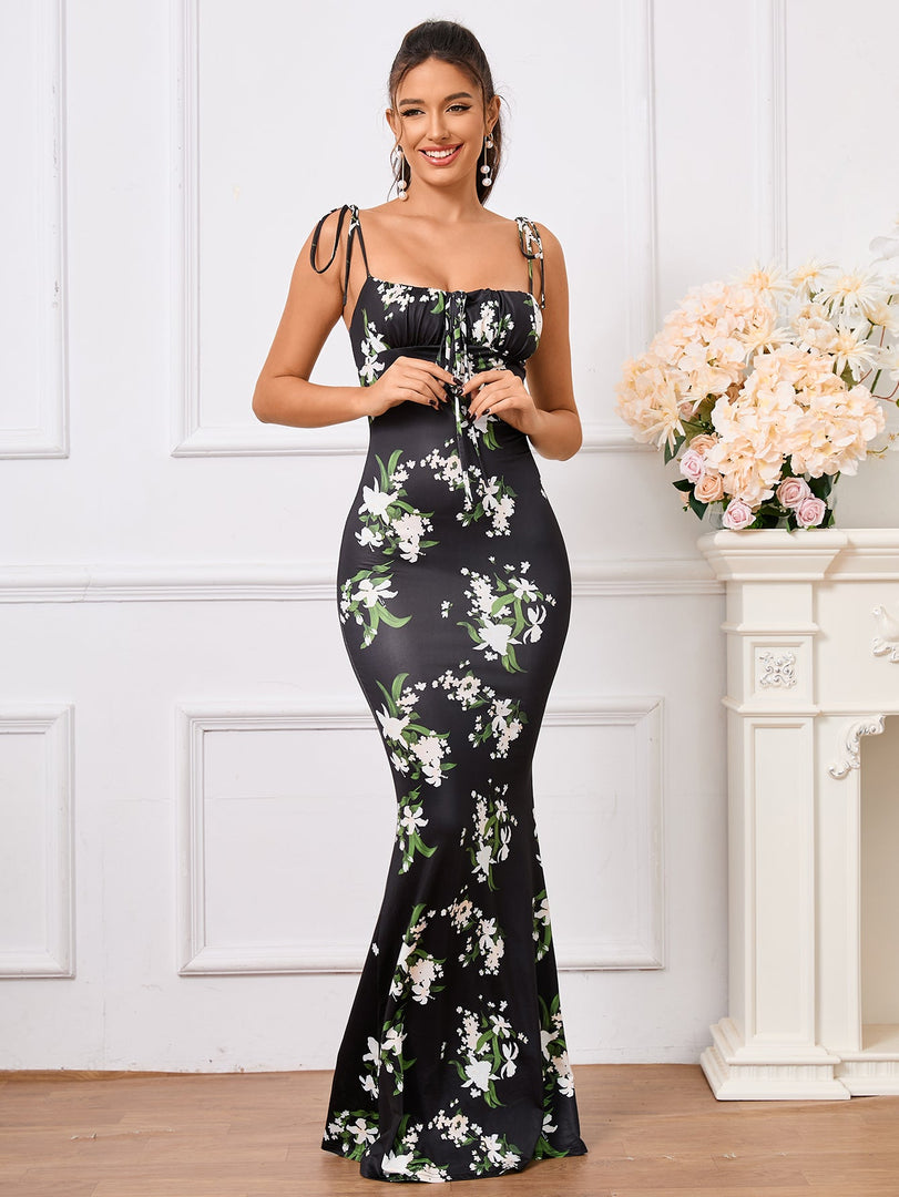 Tie Shoulder Fishtail Hem Floral Print Prom Dress | Vacation Dress