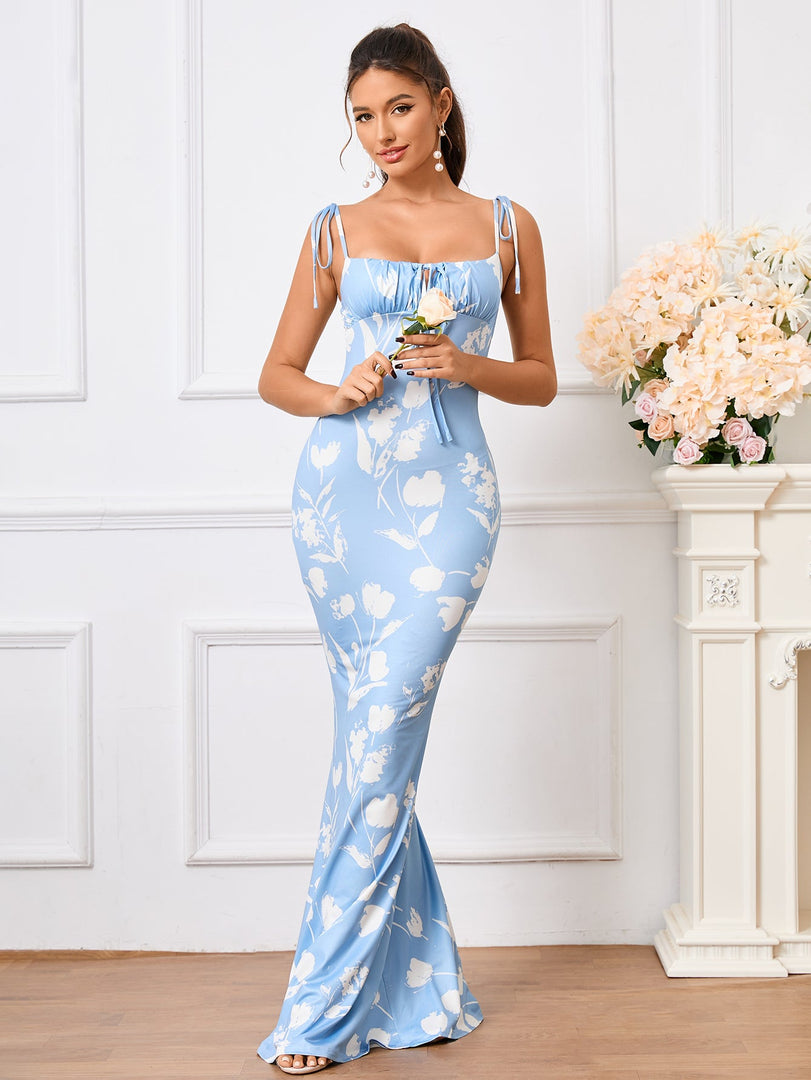 Tie Shoulder Fishtail Hem Floral Print Prom Dress | Vacation Dress