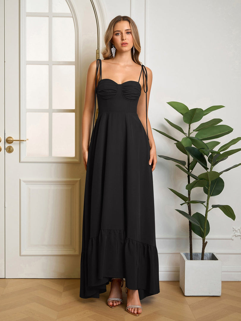 Tie Shoulder Ruched Bust Maxi Solid Dress | Prom Dress, Bridesmaid Dress