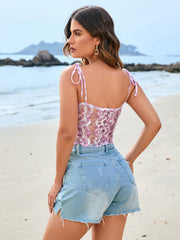 Tie Shoulder V-Neck Lace Perspective Top | Cocktail Party Top