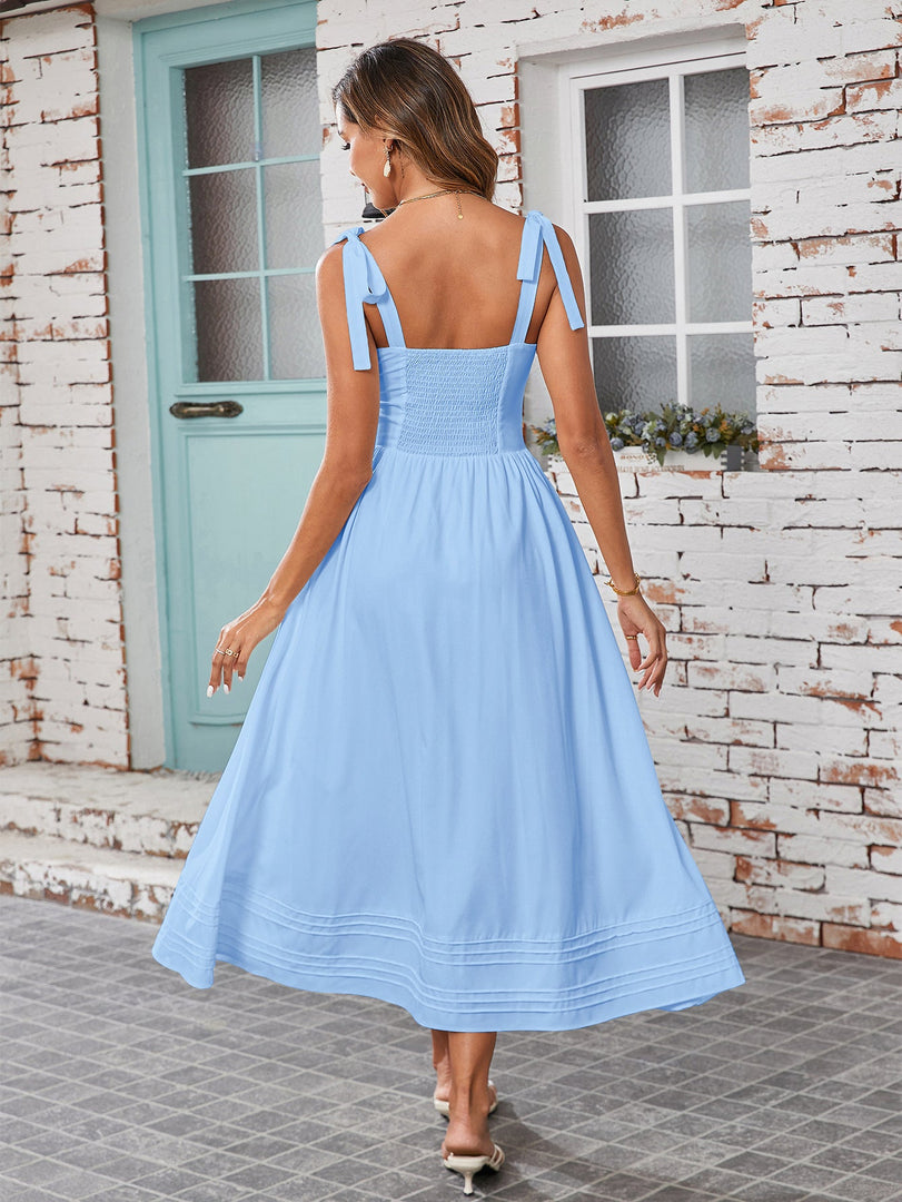 Tie Shoulder V-Neck Pleated Pocket Solid Dress | Bridesmaid Dress