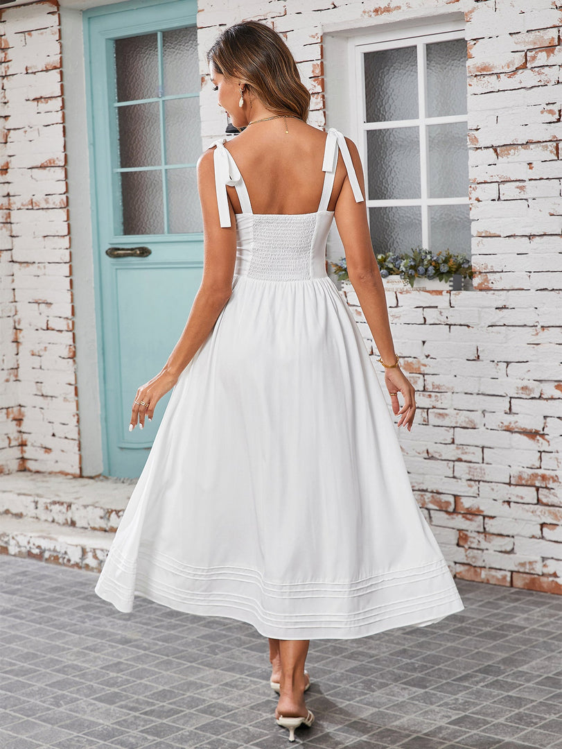 Tie Shoulder V-Neck Pleated Pocket Solid Dress | Bridesmaid Dress