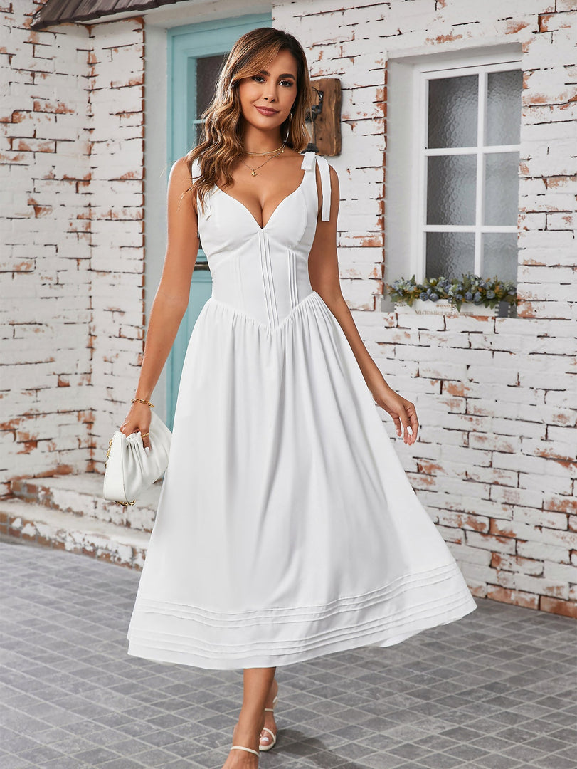 Tie Shoulder V-Neck Pleated Pocket Solid Dress | Bridesmaid Dress