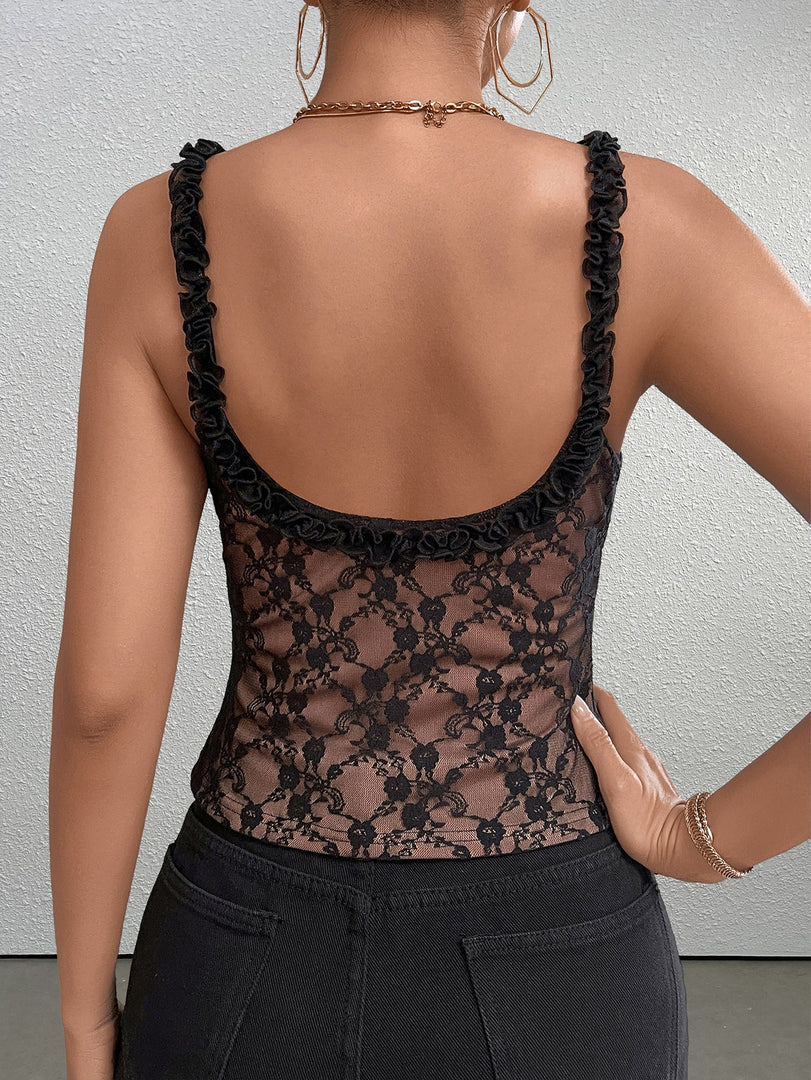 Trim Straps Tie Front Backless Lace Top | Formal Event Top