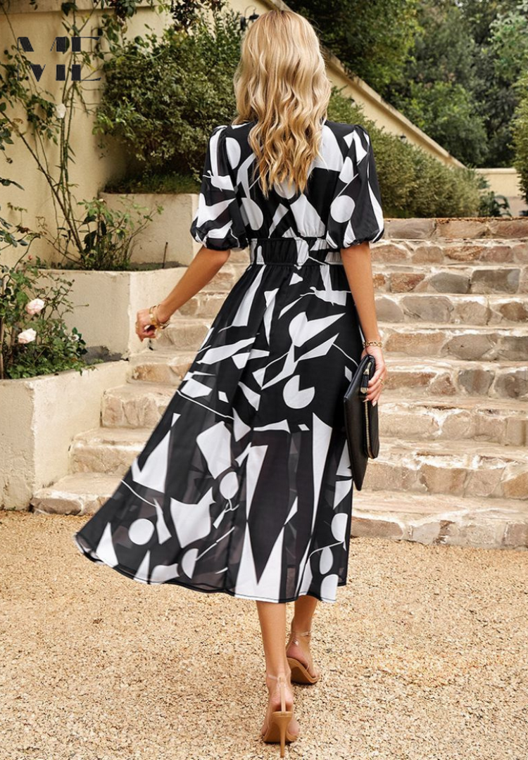 Women's Floral Print Midi Dress V-Neck Puff Sleeve Elastic Waist a Line Casual Style