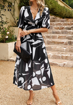 Load image into Gallery viewer, Women's Floral Print Midi Dress V-Neck Puff Sleeve Elastic Waist a Line Casual Style
