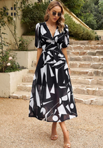 Load image into Gallery viewer, Women's Floral Print Midi Dress V-Neck Puff Sleeve Elastic Waist a Line Casual Style
