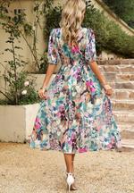 Load image into Gallery viewer, Women's Floral Print Midi Dress V-Neck Puff Sleeve Elastic Waist a Line Casual Style
