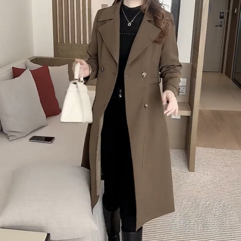 Women's Trench Coat Lapel Collar Belted Waist Longline Style