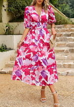 Load image into Gallery viewer, Women's Floral Print Midi Dress V-Neck Puff Sleeve Elastic Waist a Line Casual Style

