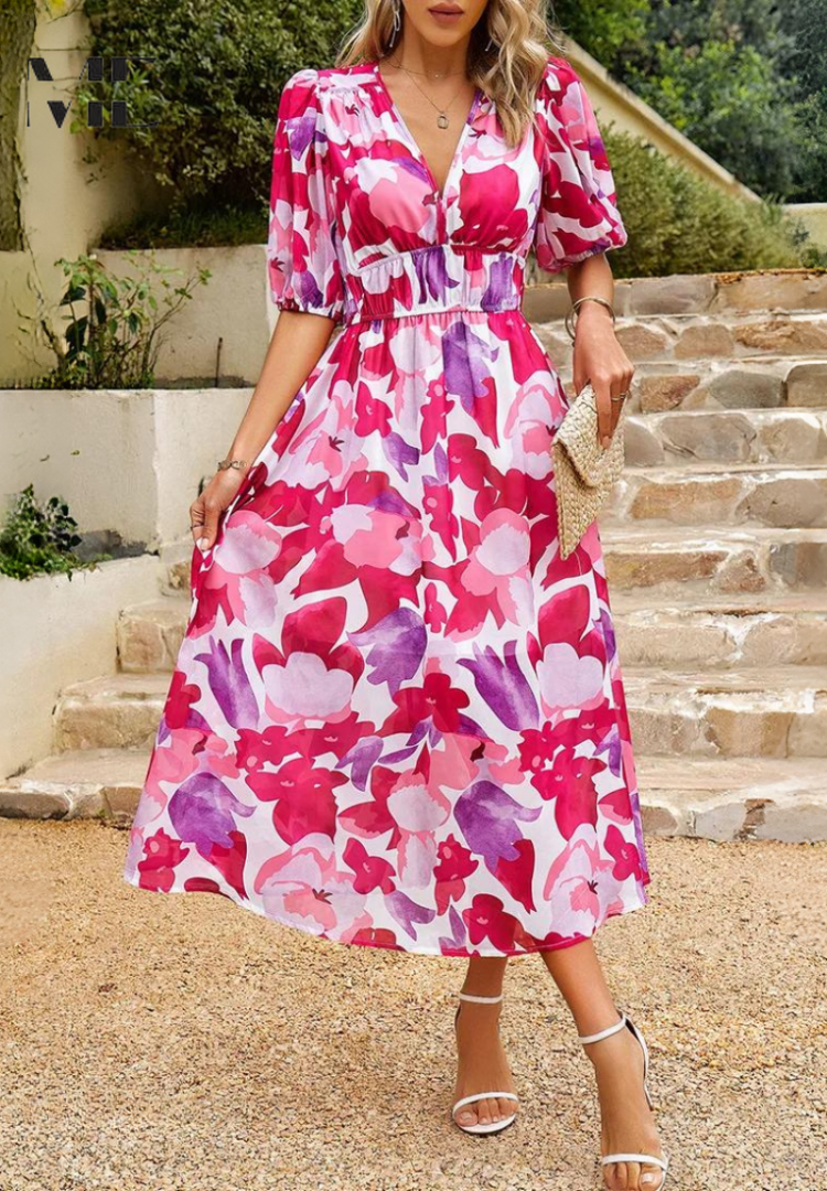 Women's Floral Print Midi Dress V-Neck Puff Sleeve Elastic Waist a Line Casual Style