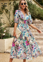 Load image into Gallery viewer, Women's Floral Print Midi Dress V-Neck Puff Sleeve Elastic Waist a Line Casual Style
