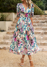 Load image into Gallery viewer, Women's Floral Print Midi Dress V-Neck Puff Sleeve Elastic Waist a Line Casual Style
