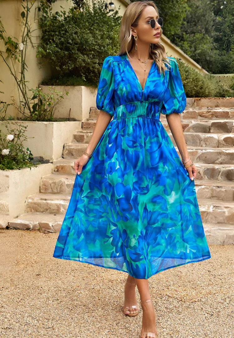 Women's Floral Print Midi Dress V-Neck Puff Sleeve Elastic Waist a Line Casual Style