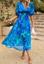 Load image into Gallery viewer, Women's Floral Print Midi Dress V-Neck Puff Sleeve Elastic Waist a Line Casual Style
