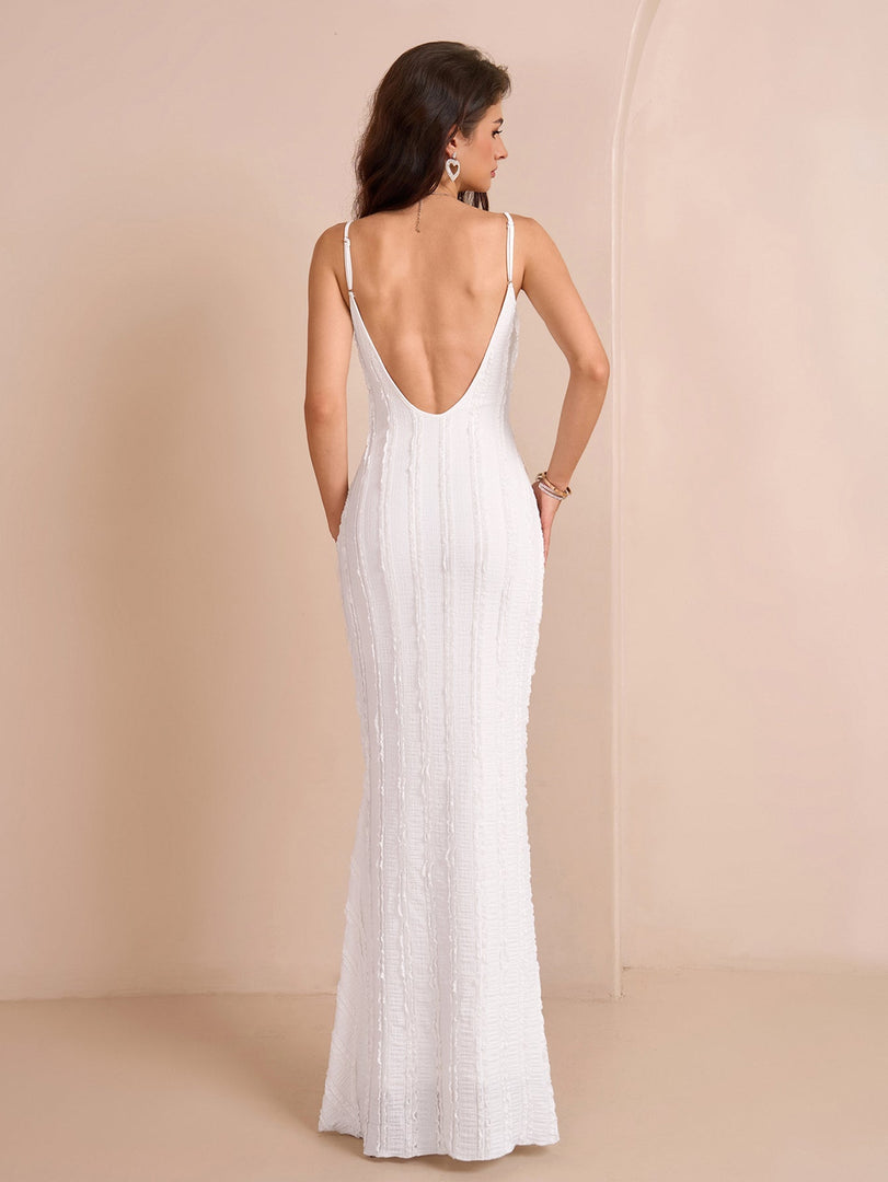 V-Neck Backless Knitted Jacquard Mermaid Hem Cami Dress | Prom Dress