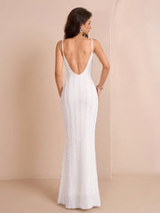 V-Neck Backless Knitted Jacquard Mermaid Hem Cami Dress | Prom Dress