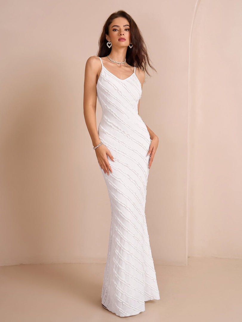 V-Neck Backless Knitted Jacquard Mermaid Hem Cami Dress | Prom Dress