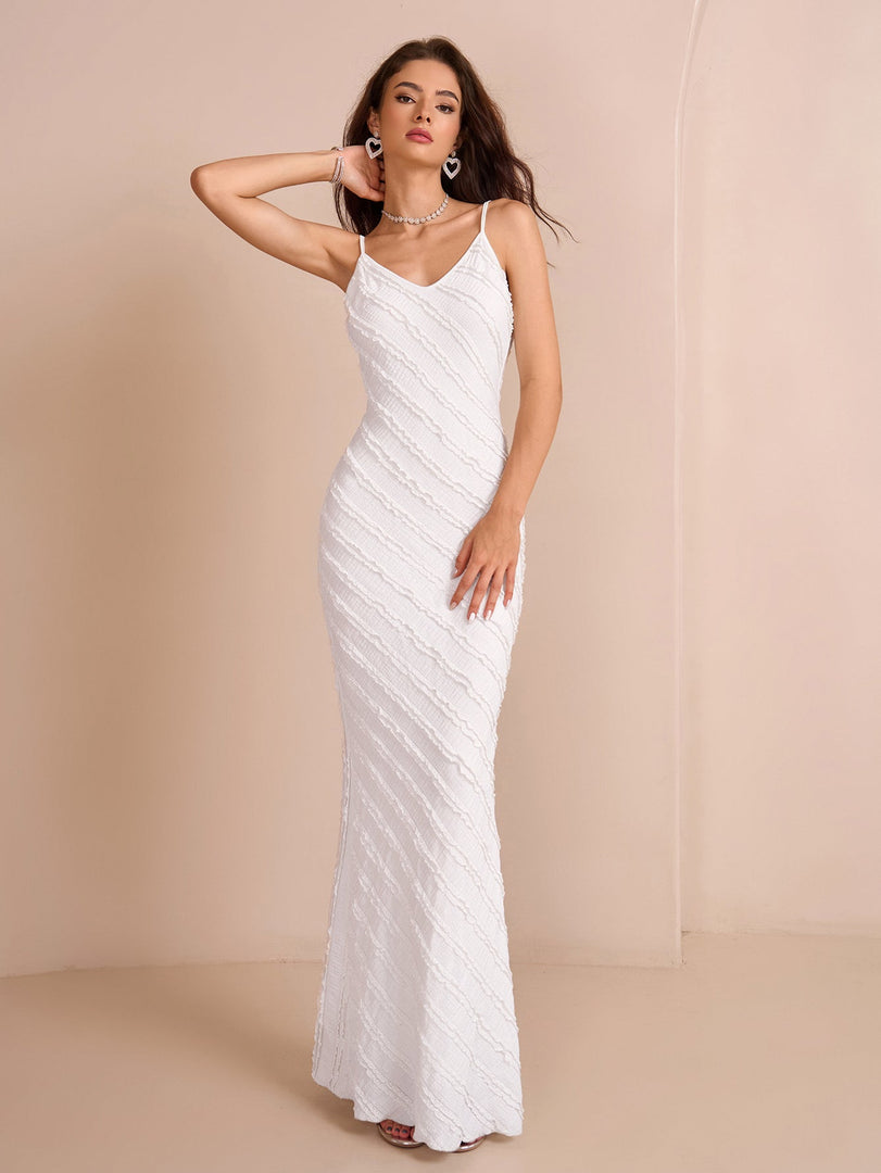 V-Neck Backless Knitted Jacquard Mermaid Hem Cami Dress | Prom Dress