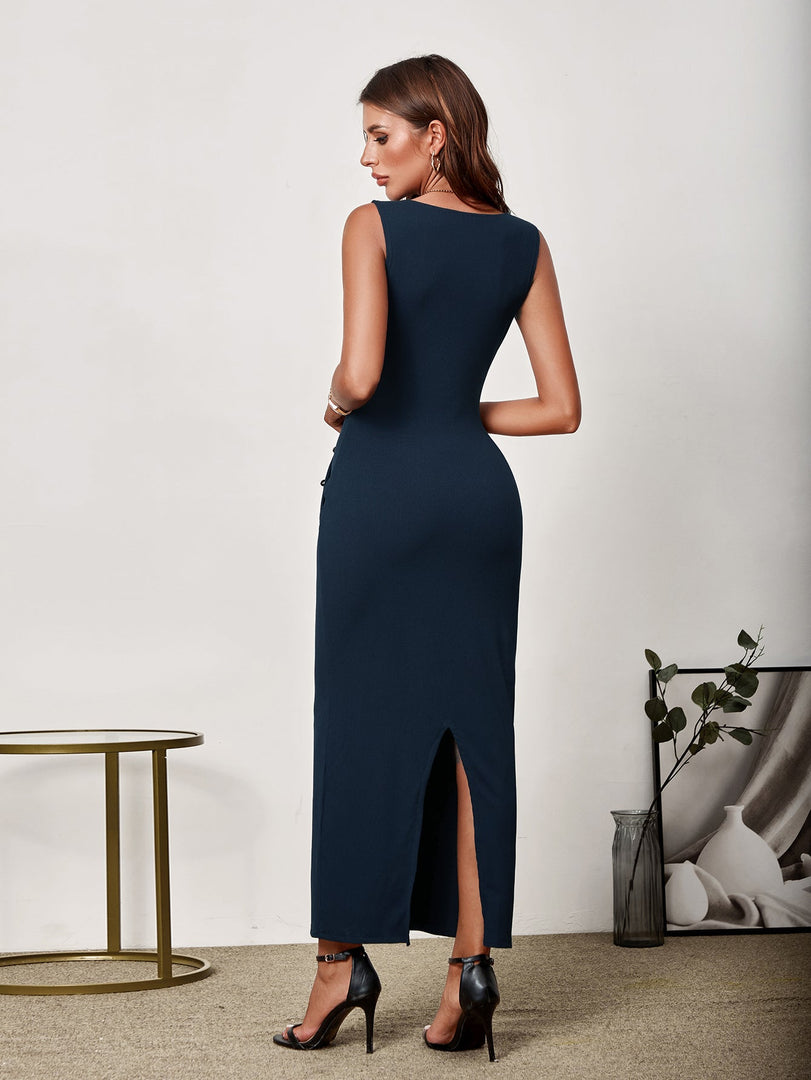 V-Neck Button Placket Back Split Bodycon Dress | Homecoming Dress, Cocktail Dress