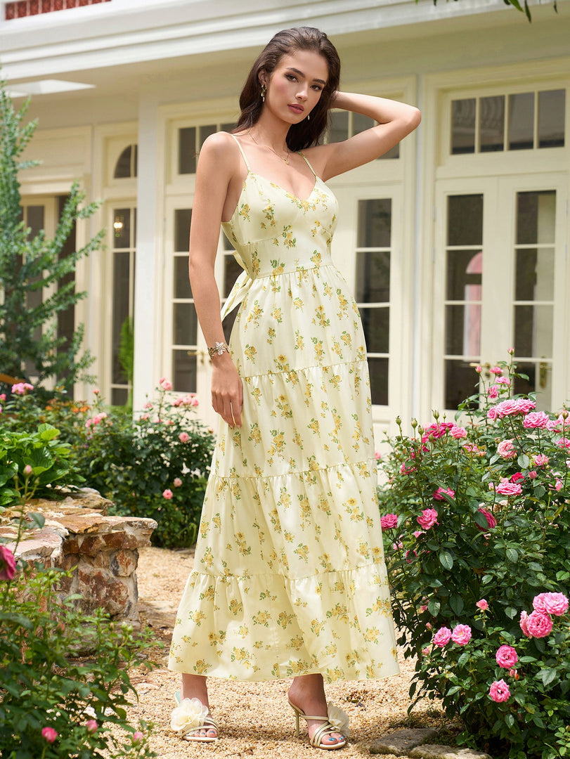 V-Neck Cut Out Bow Tie Back Cami Long Dress | Prom Dress, Vacation Dress