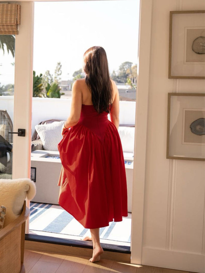 V-Neck Halter Flared Hem Solid Dress | Vacation Dress