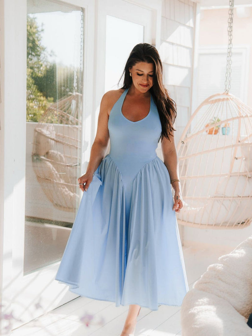 V-Neck Halter Flared Hem Solid Dress | Vacation Dress