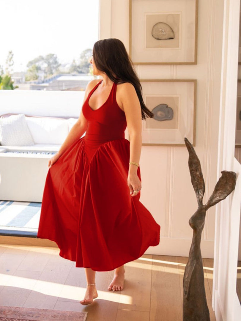 V-Neck Halter Flared Hem Solid Dress | Vacation Dress