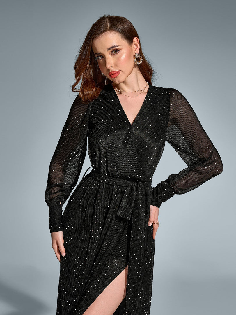 V-Neck Side Split Tie Round Dot Ruched Maxi Dress | Wedding Guest Dress, Vacation Dress