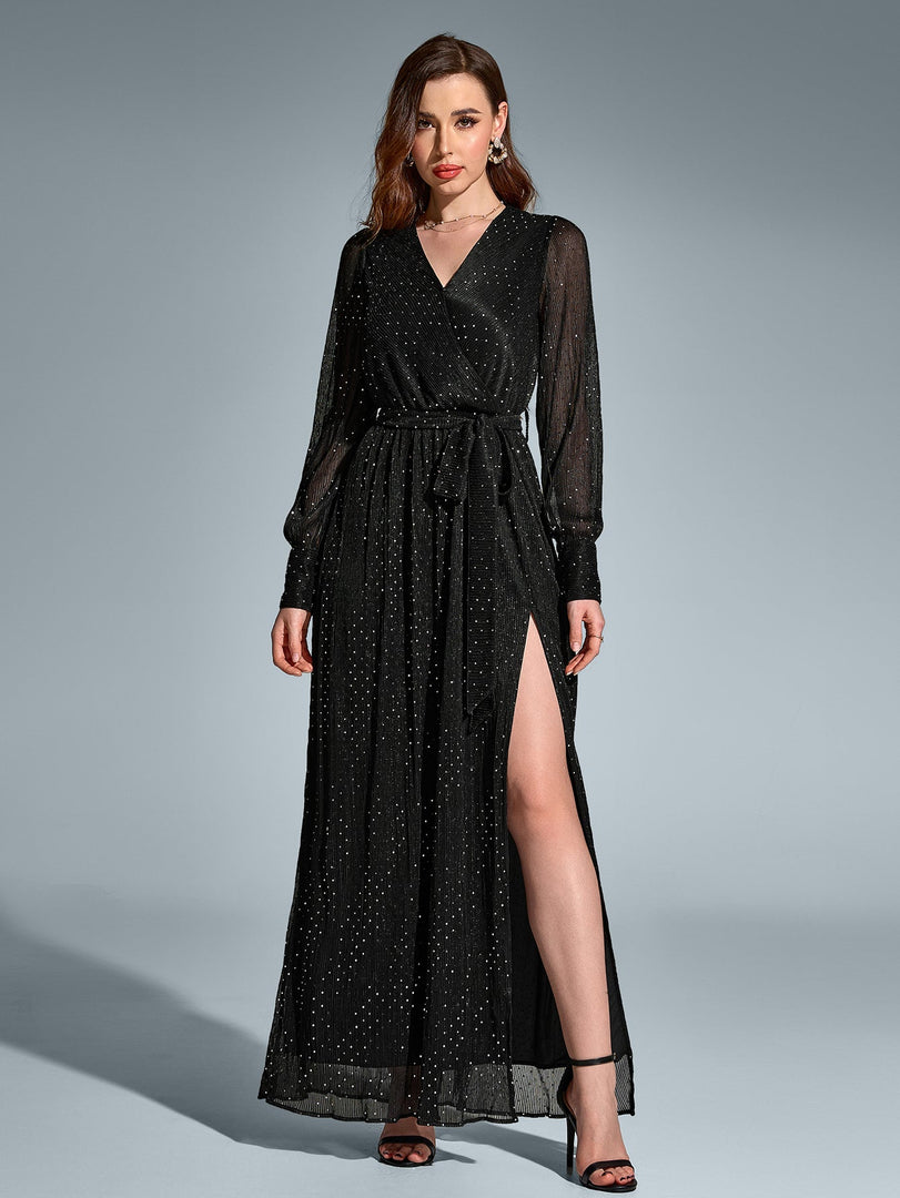 V-Neck Side Split Tie Round Dot Ruched Maxi Dress | Wedding Guest Dress, Vacation Dress