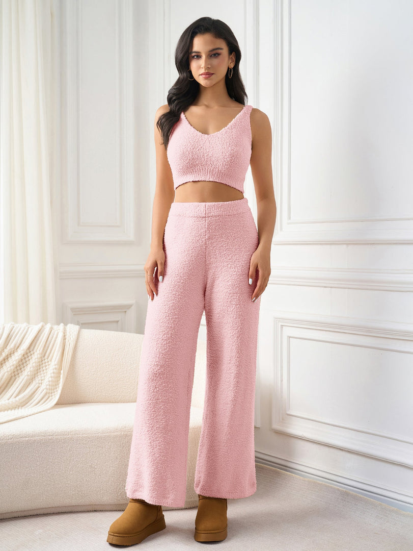V-Neck Tank Crop Top&Wide Leg Pants Knitted Set | Homecoming Two-Piece Set