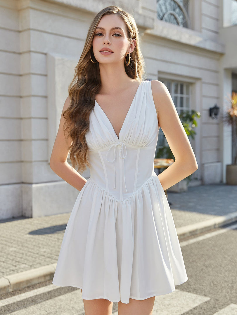 V-Neck Tie Boning Ruched Corset Dress | Prom Dress