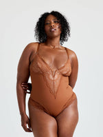 Load image into Gallery viewer, Snatch Them CocoaPlums! | V-Neck Half Laced Bodysuit
