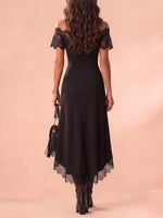 Load image into Gallery viewer, Women's Black Dress Gold Embroidery Lace Panel Asymmetrical Hem
