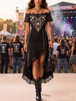 Load image into Gallery viewer, Women's Black Dress Gold Embroidery Lace Panel Asymmetrical Hem

