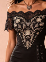 Load image into Gallery viewer, Women's Black Dress Gold Embroidery Lace Panel Asymmetrical Hem

